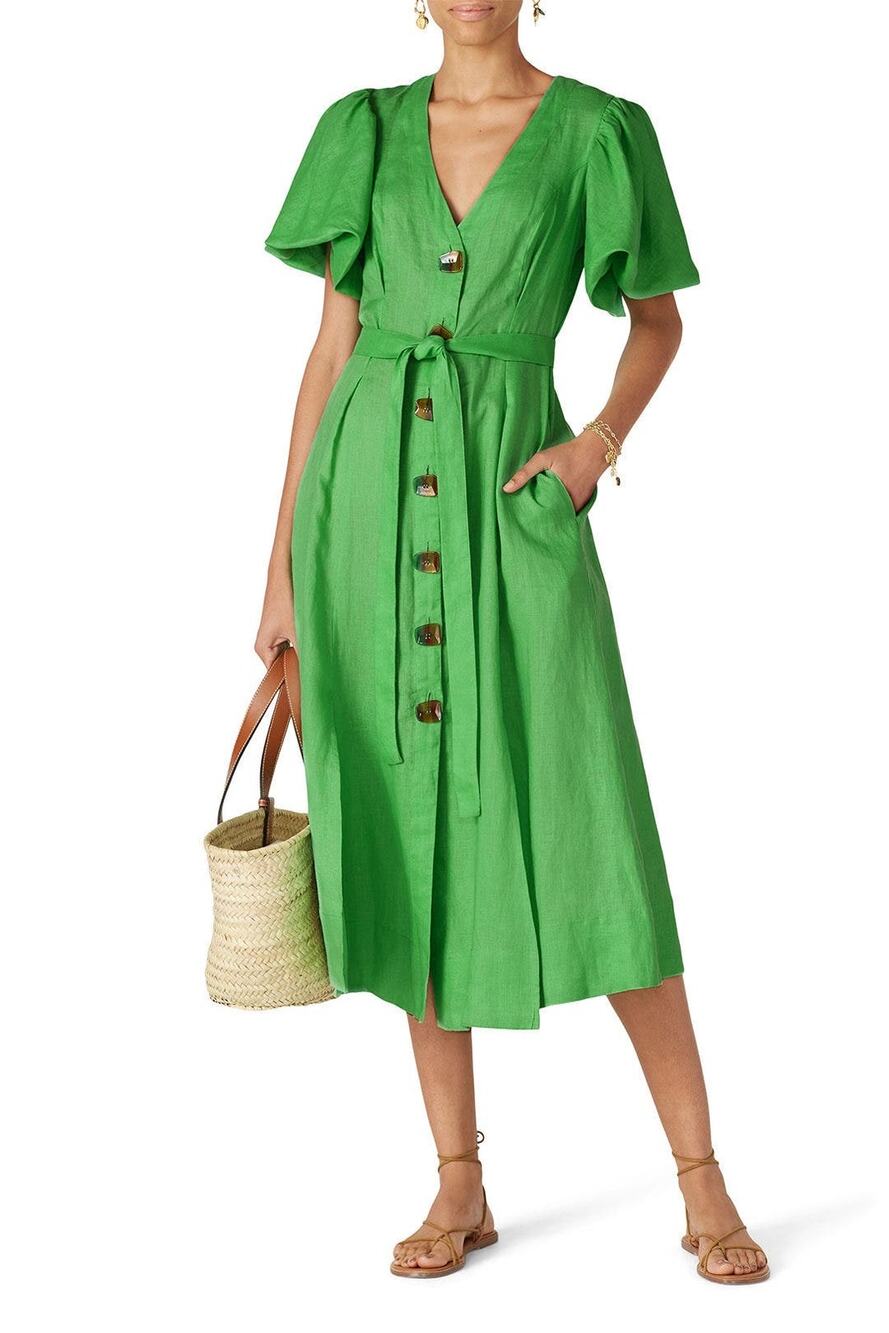 Nicholas Troy Green Linen Button Front Tie Waist Short Sleeve Dress Size 4
